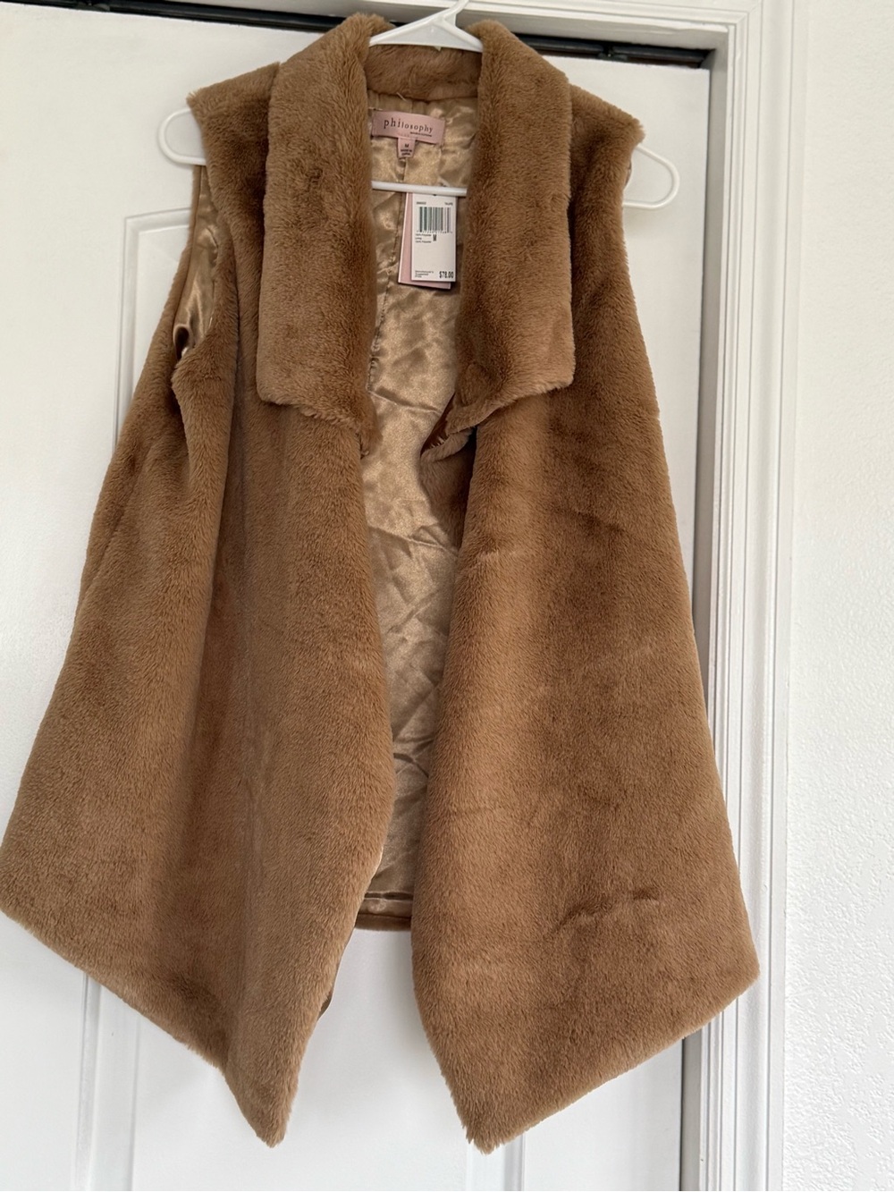 Philosophy Plush Faux Fur Open-Front Vest in Camel Brown